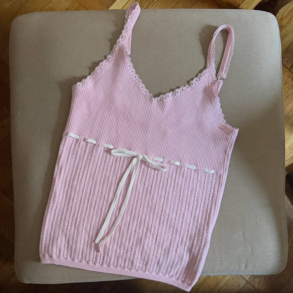 Hollister Soft Pink Ribbed Knit Cami with Lace Trim